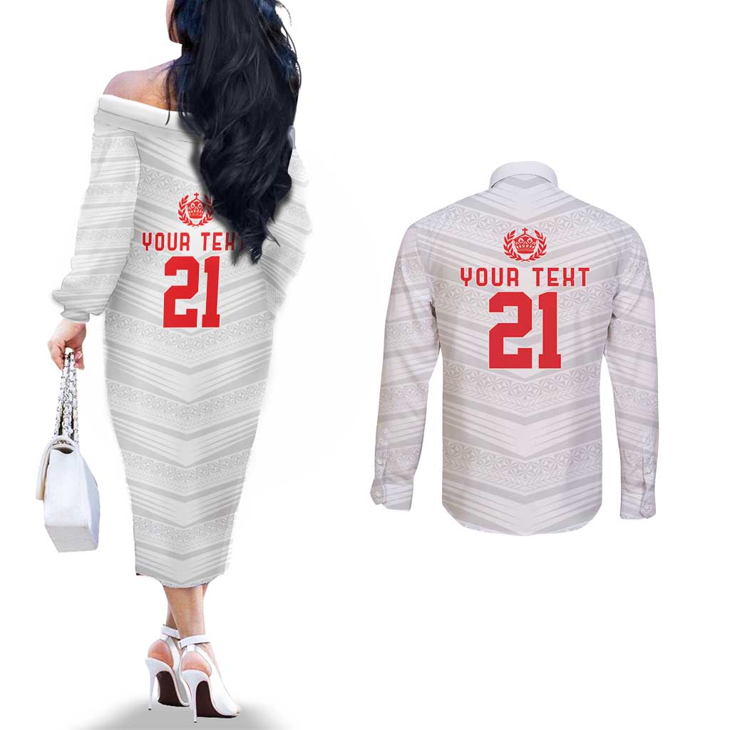Custom Pacific Rugby Spirit Couples Matching Off The Shoulder Long Sleeve Dress and Long Sleeve Button Shirt Tonga Ngatu Pride White Edition - Polynesian Pride