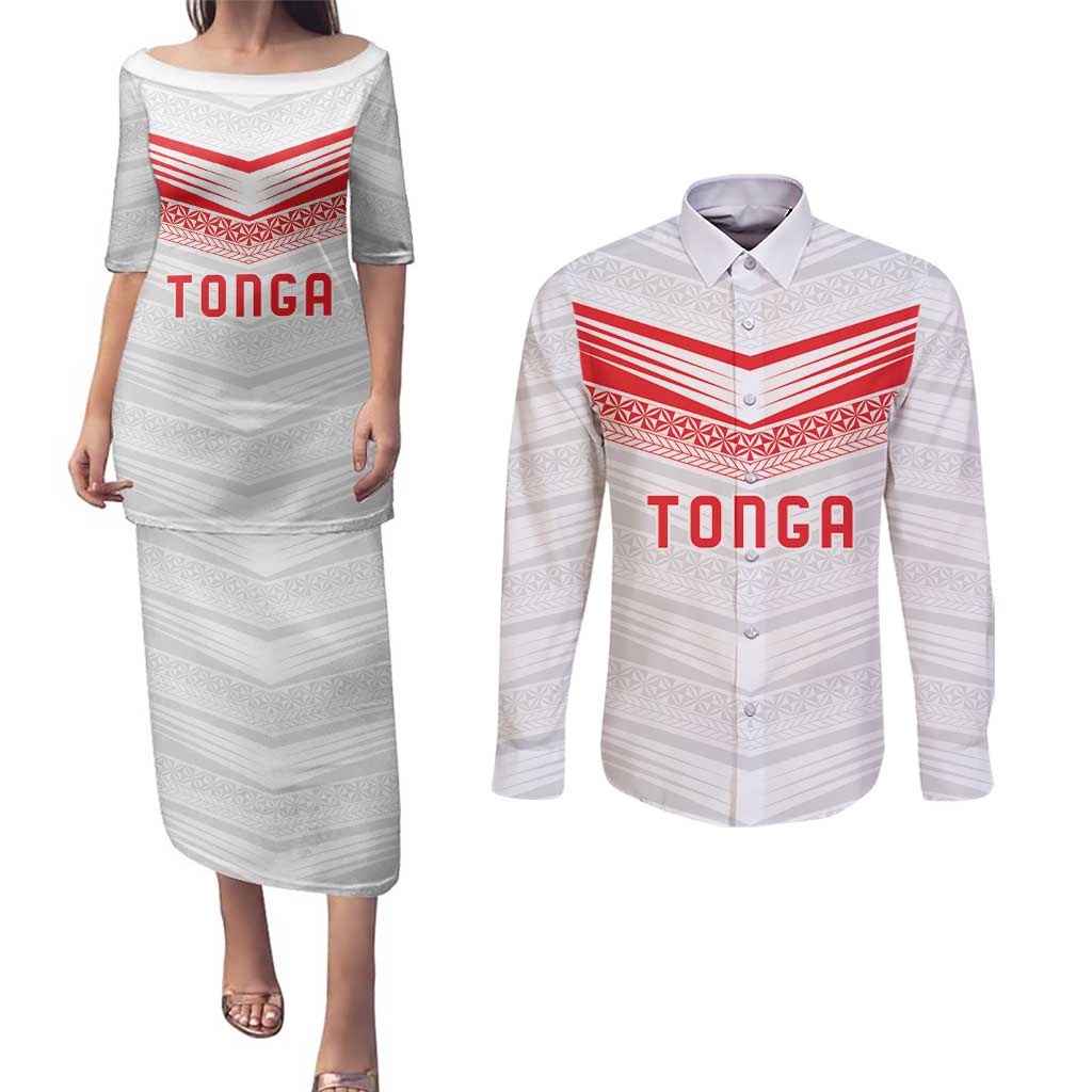 Custom Pacific Rugby Spirit Couples Matching Puletasi and Long Sleeve Button Shirt Tonga Ngatu Pride White Edition - Polynesian Pride