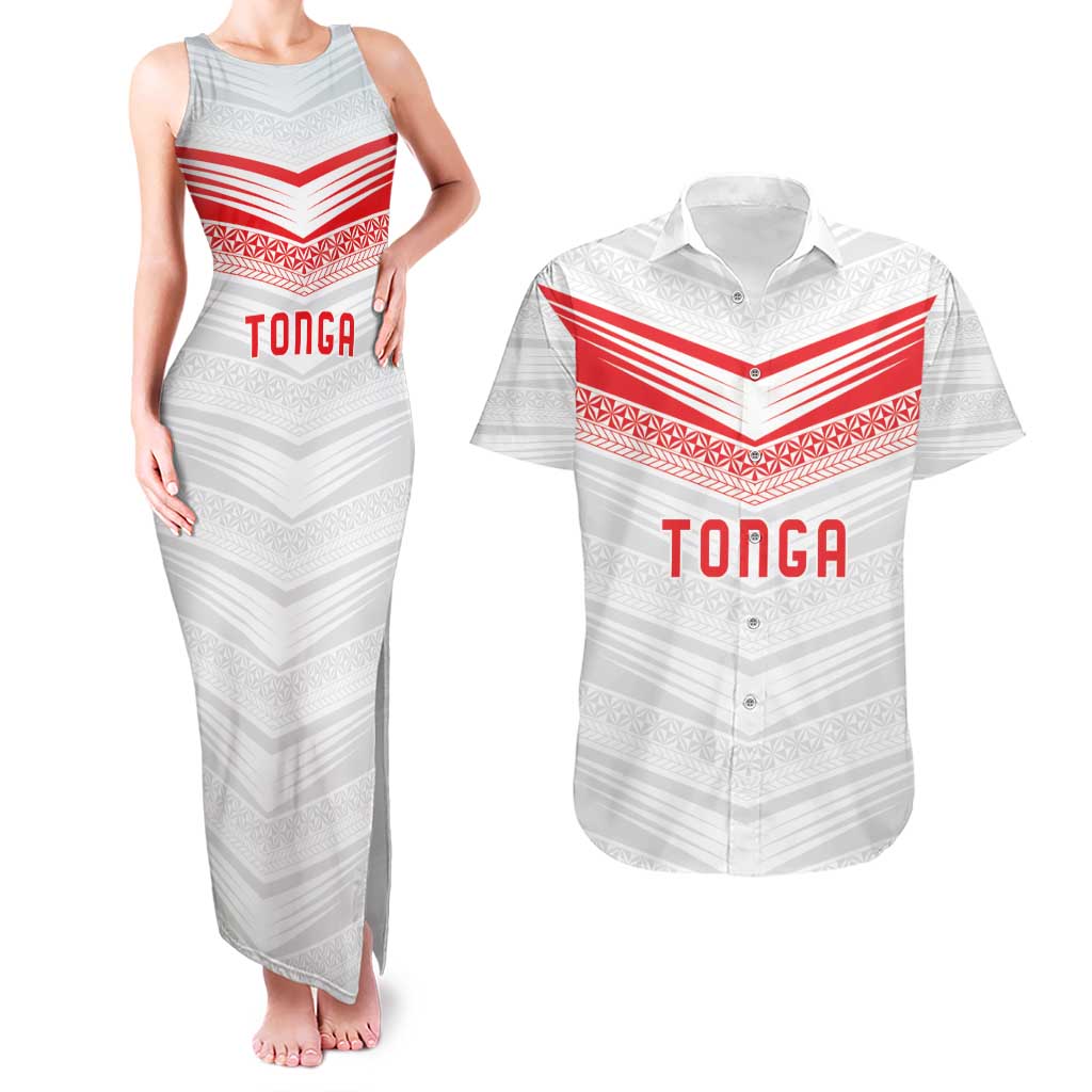 Custom Pacific Rugby Spirit Couples Matching Tank Maxi Dress and Hawaiian Shirt Tonga Ngatu Pride White Edition - Polynesian Pride
