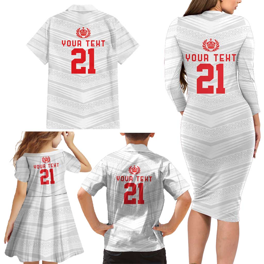 Custom Pacific Rugby Spirit Family Matching Long Sleeve Bodycon Dress and Hawaiian Shirt Tonga Ngatu Pride White Edition - Polynesian Pride