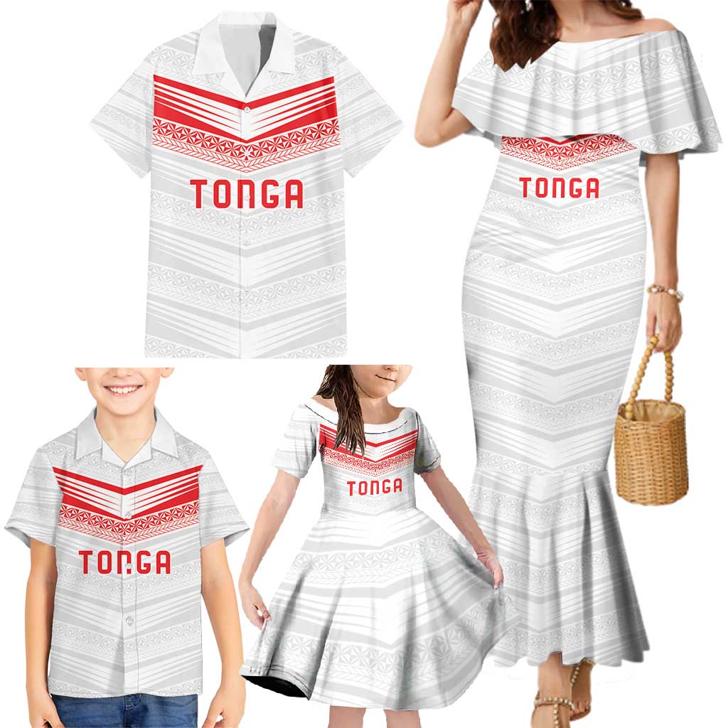 Custom Pacific Rugby Spirit Family Matching Mermaid Dress and Hawaiian Shirt Tonga Ngatu Pride White Edition - Polynesian Pride