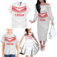 Custom Pacific Rugby Spirit Family Matching Off The Shoulder Long Sleeve Dress and Hawaiian Shirt Tonga Ngatu Pride White Edition - Polynesian Pride