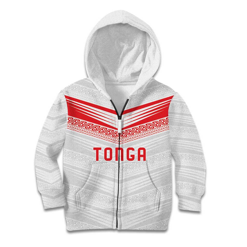 Custom Pacific Rugby Spirit Kid Hoodie Tonga Ngatu Pride White Edition LT9 Zip Hoodie White - Polynesian Pride