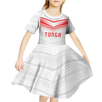 Custom Pacific Rugby Spirit Kid Short Sleeve Dress Tonga Ngatu Pride White Edition - Polynesian Pride