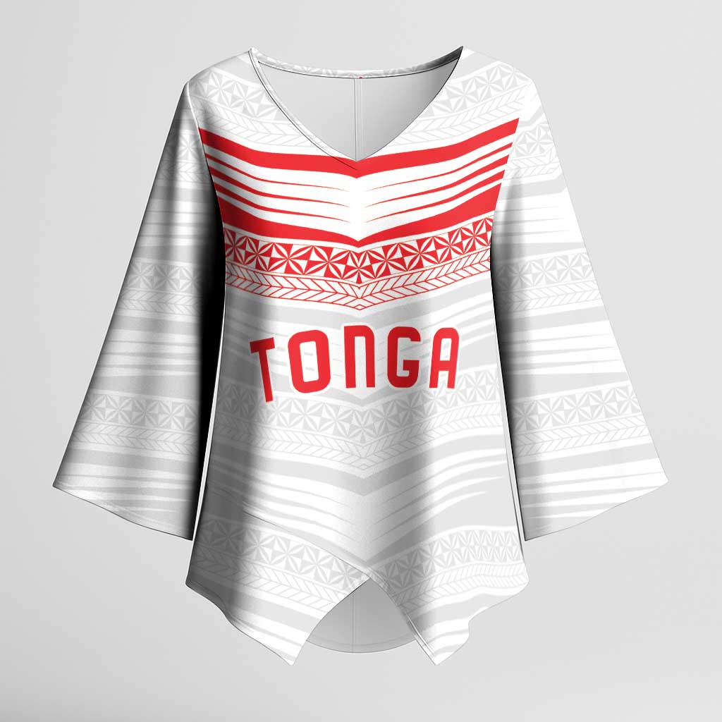 Custom Pacific Rugby Spirit Kimono Sleeve Blouse Tonga Ngatu Pride White Edition - Polynesian Pride