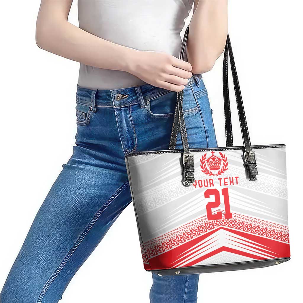 Custom Pacific Rugby Spirit Leather Tote Bag Tonga Ngatu Pride White Edition - Polynesian Pride
