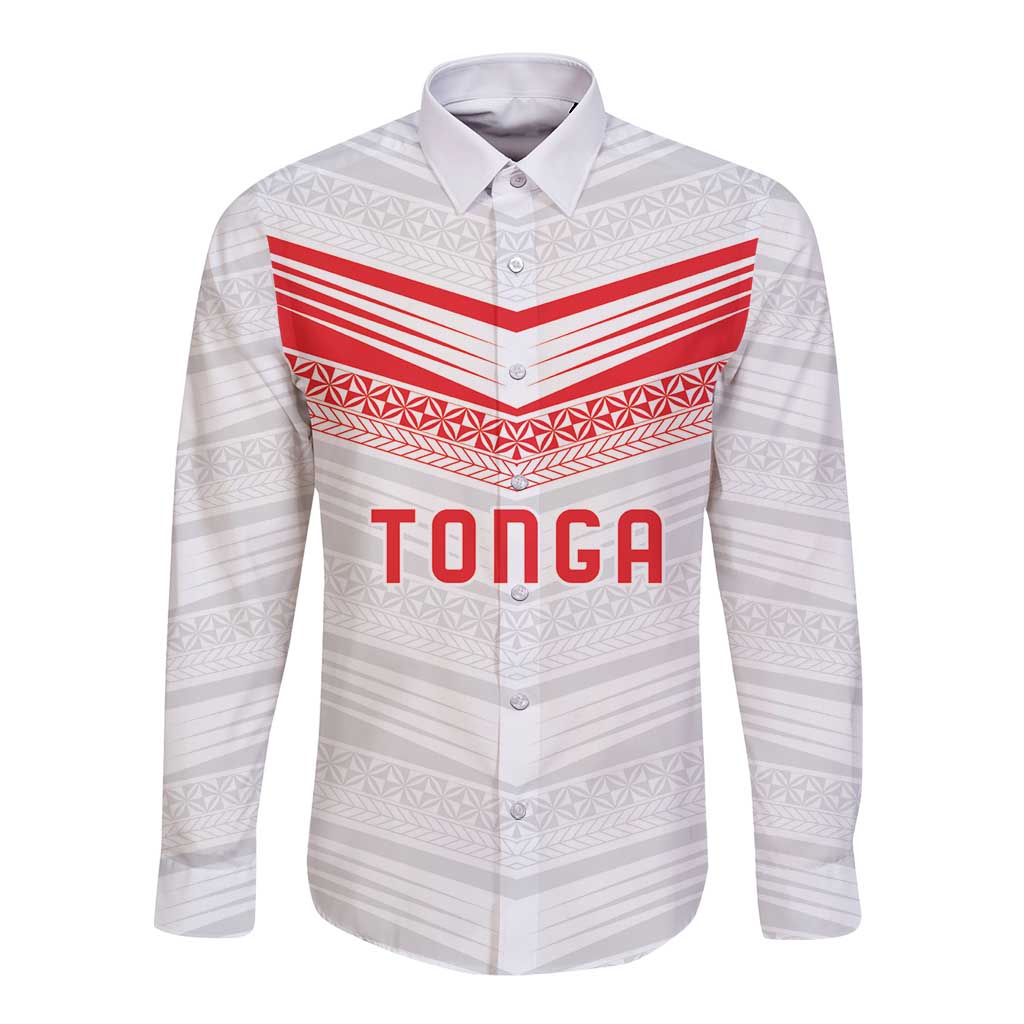 Custom Pacific Rugby Spirit Long Sleeve Button Shirt Tonga Ngatu Pride White Edition - Polynesian Pride