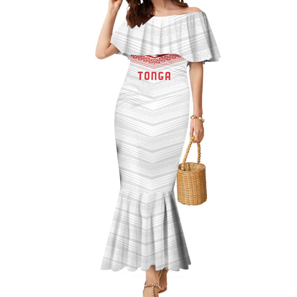 Custom Pacific Rugby Spirit Mermaid Dress Tonga Ngatu Pride White Edition - Polynesian Pride