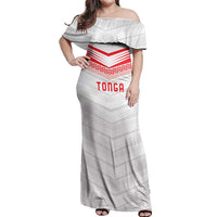 Custom Pacific Rugby Spirit Off Shoulder Maxi Dress Tonga Ngatu Pride White Edition - Polynesian Pride
