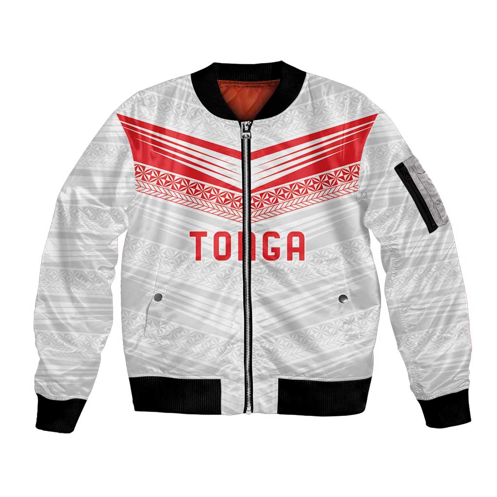 Custom Pacific Rugby Spirit Sleeve Zip Bomber Jacket Tonga Ngatu Pride White Edition - Polynesian Pride