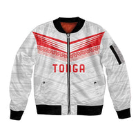 Custom Pacific Rugby Spirit Sleeve Zip Bomber Jacket Tonga Ngatu Pride White Edition - Polynesian Pride