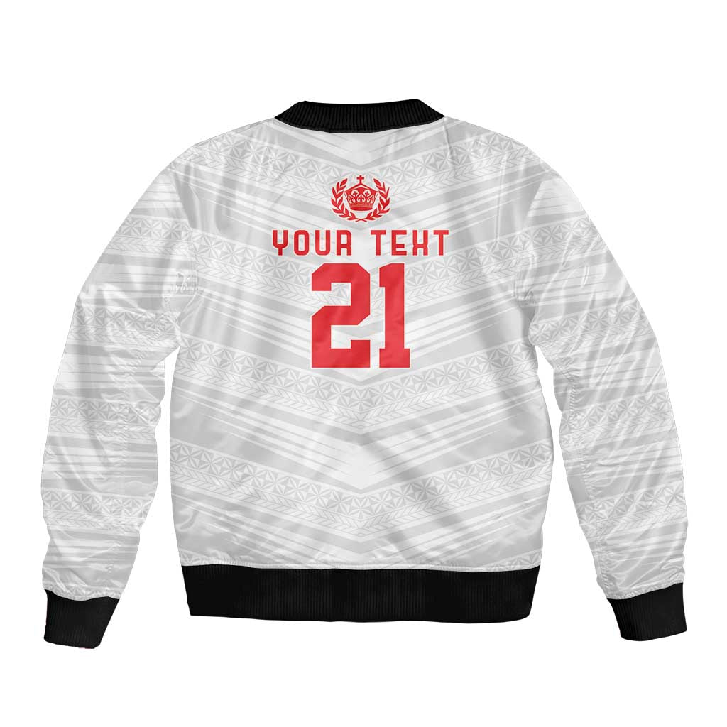 Custom Pacific Rugby Spirit Sleeve Zip Bomber Jacket Tonga Ngatu Pride White Edition - Polynesian Pride