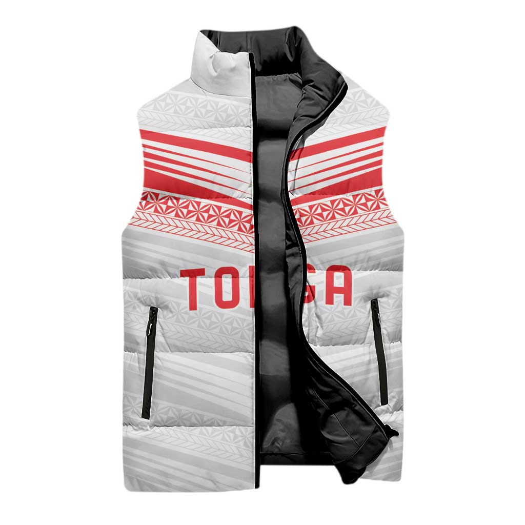 Custom Pacific Rugby Spirit Sleeveless Puffer Jacket Tonga Ngatu Pride White Edition - Polynesian Pride