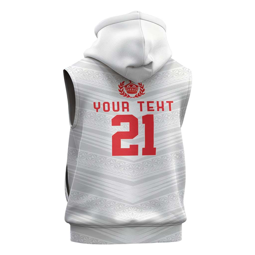 Custom Pacific Rugby Spirit Sleeveless Zip Hoodie Tonga Ngatu Pride White Edition - Polynesian Pride