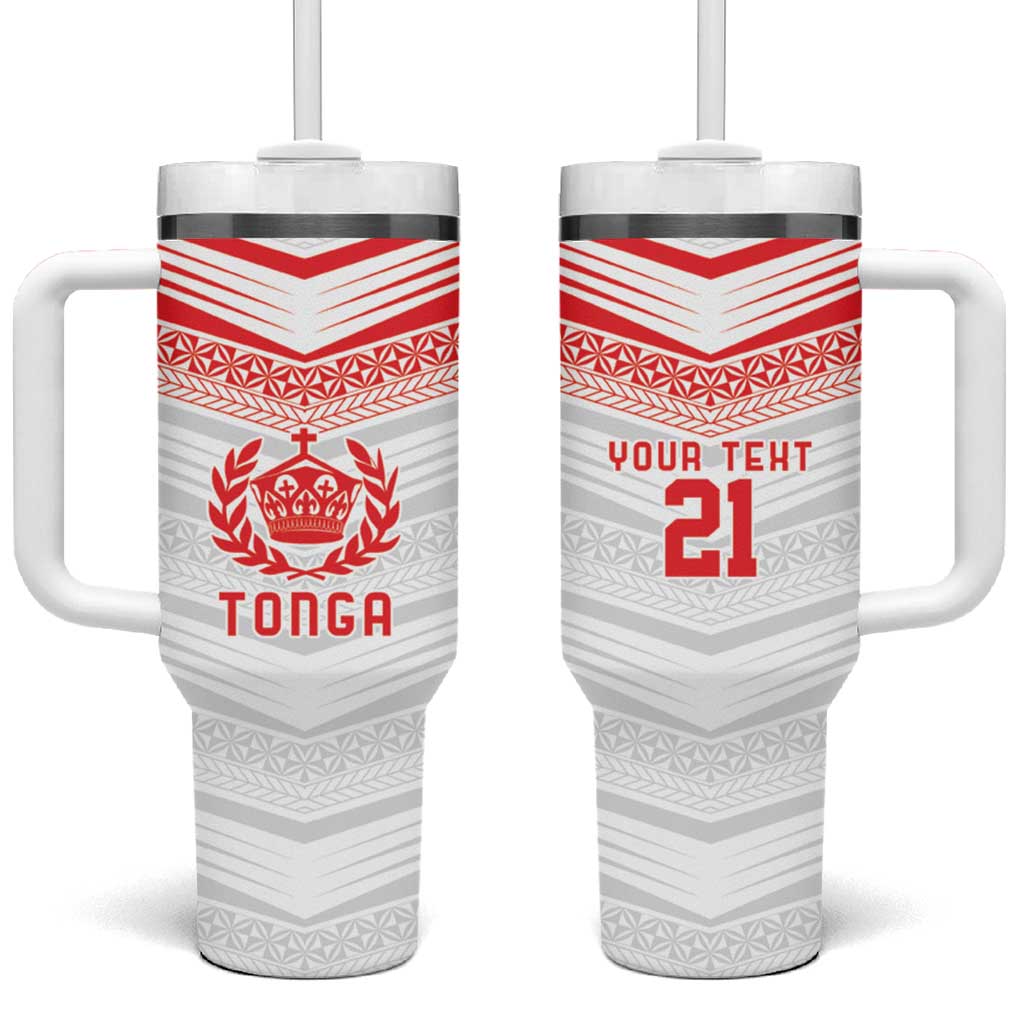 Custom Pacific Rugby Spirit Tumbler With Handle Tonga Ngatu Pride White Edition - Polynesian Pride