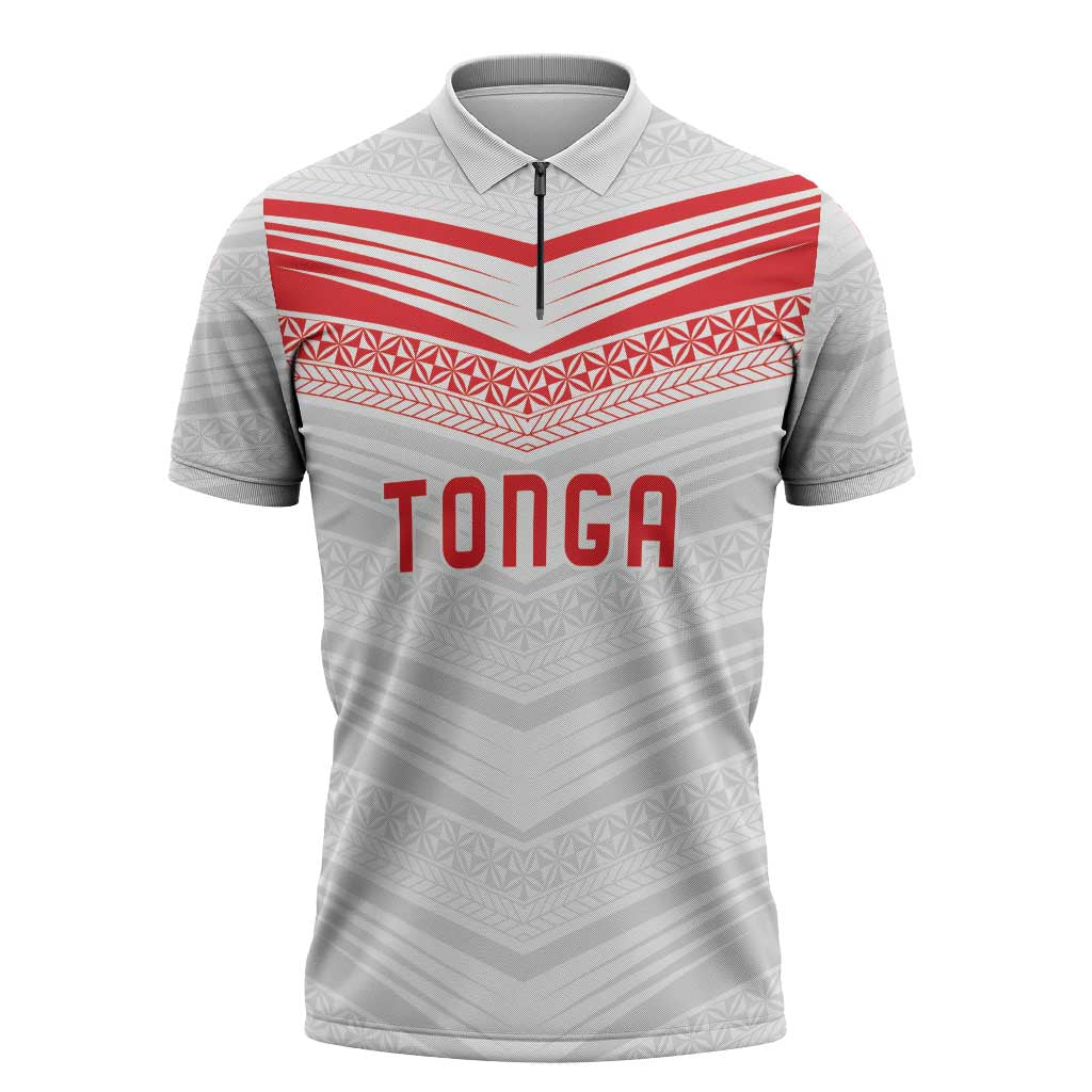 Custom Pacific Rugby Spirit Zipper Polo Shirt Tonga Ngatu Pride White Edition - Polynesian Pride