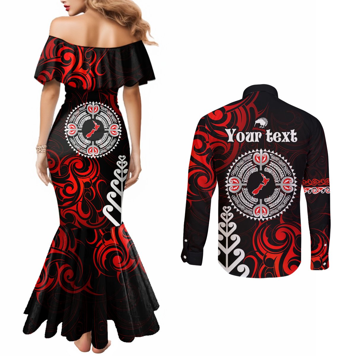 New Zealand Waitangi Day Personalised Couples Matching Mermaid Dress and Long Sleeve Button Shirt Aotearoa Te Ra O Waitangi With Maori Tattoo LT9 - Polynesian Pride
