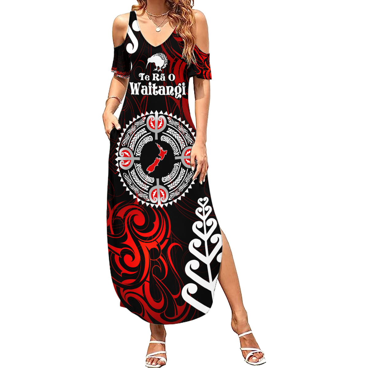 New Zealand Waitangi Day Personalised Family Matching Summer Maxi Dress and Hawaiian Shirt Aotearoa Te Ra O Waitangi With Maori Tattoo LT9 Mom's Dress Red - Polynesian Pride