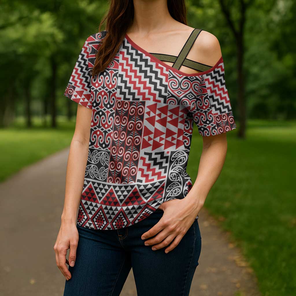 Aotearoa Kowhaiwhai Taniko Patchwork Motifs Cross Shoulder Shirt - Polynesian Pride