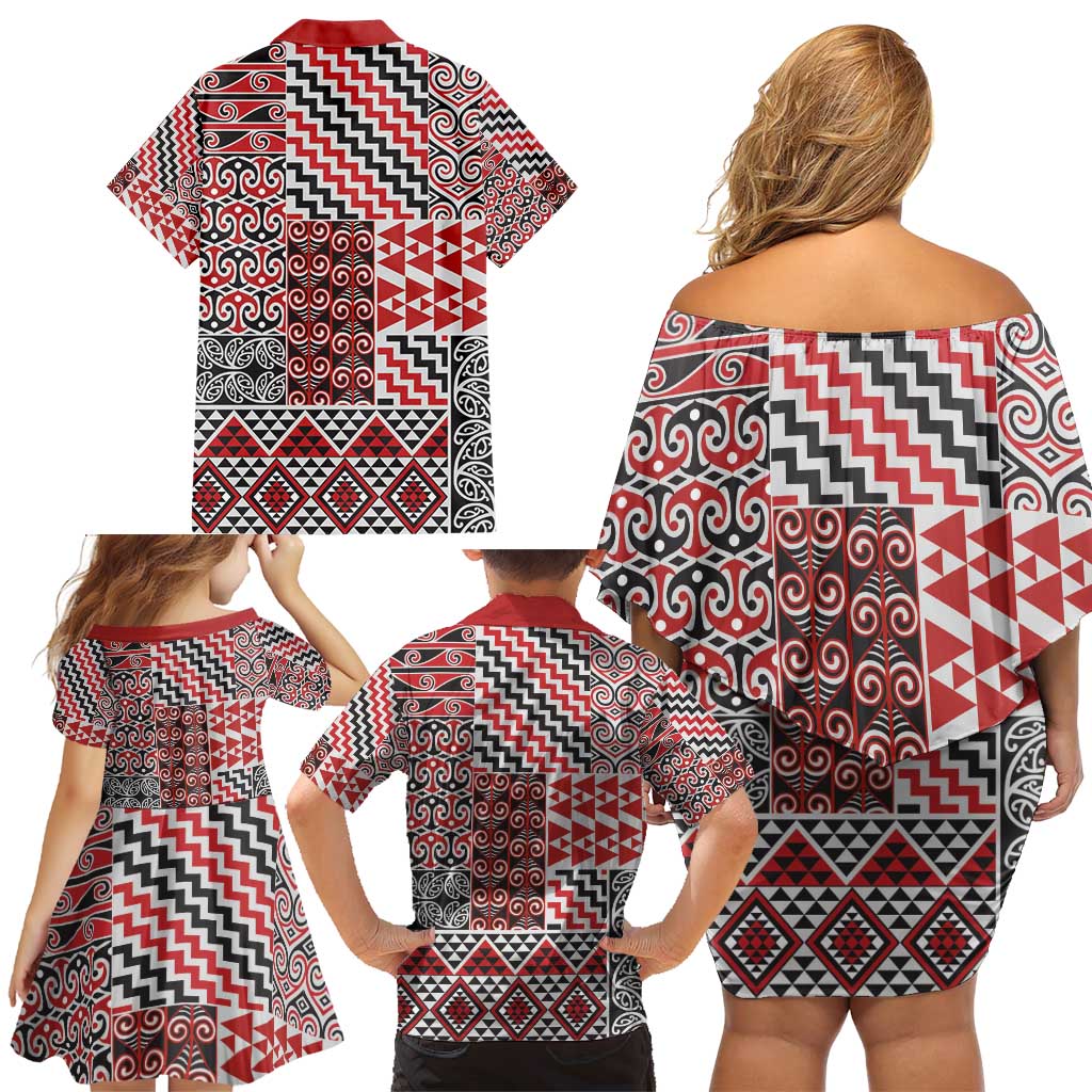 Aotearoa Kowhaiwhai Taniko Patchwork Motifs Family Matching Off Shoulder Short Dress and Hawaiian Shirt