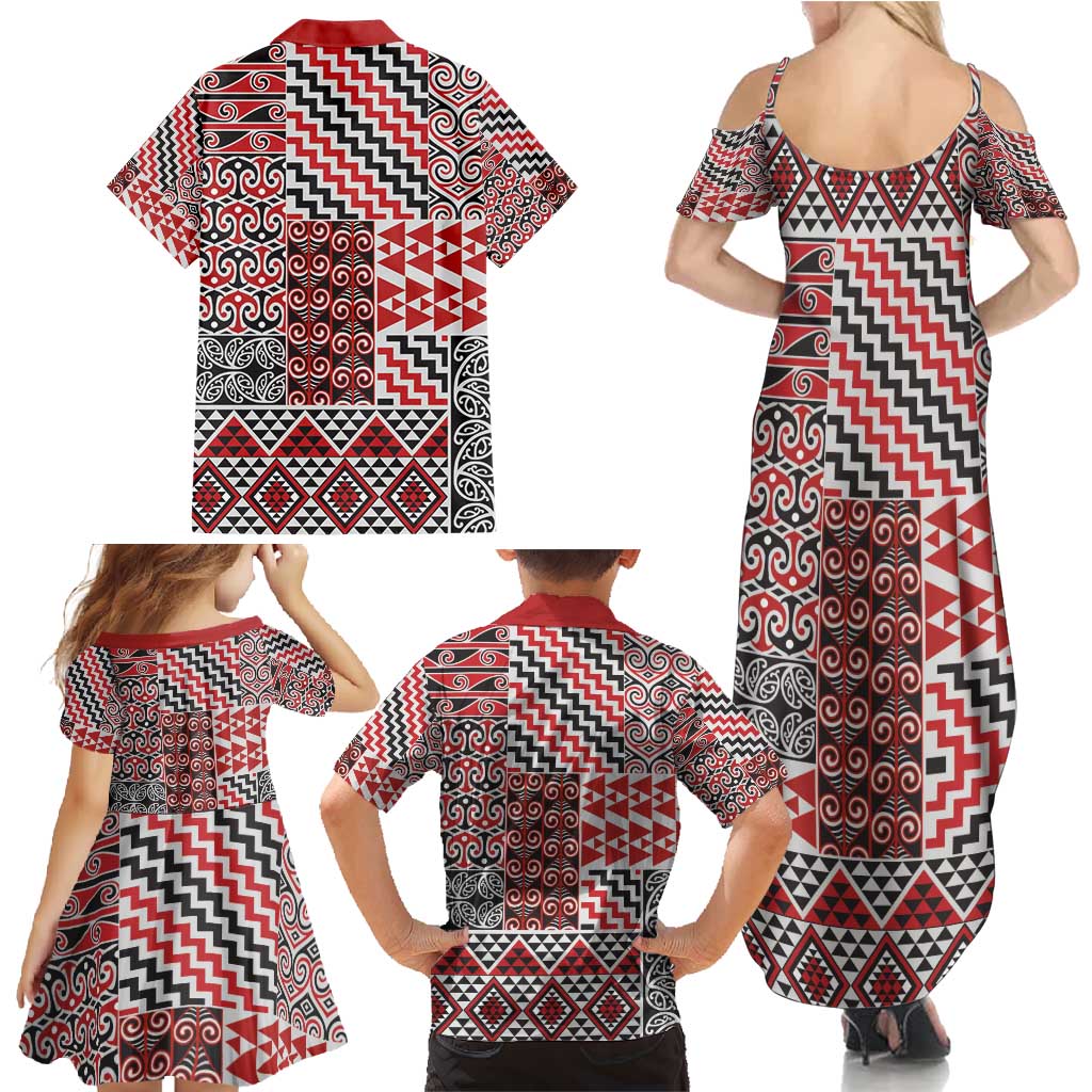 Aotearoa Kowhaiwhai Taniko Patchwork Motifs Family Matching Summer Maxi Dress and Hawaiian Shirt