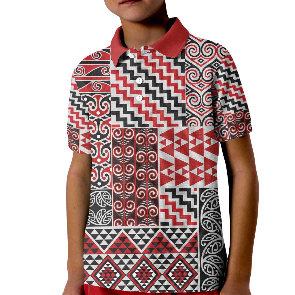 Aotearoa Kowhaiwhai Taniko Patchwork Motifs Kid Polo Shirt LT9 Kid Red - Polynesian Pride
