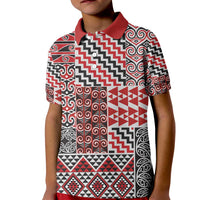 Aotearoa Kowhaiwhai Taniko Patchwork Motifs Kid Polo Shirt LT9 Kid Red - Polynesian Pride