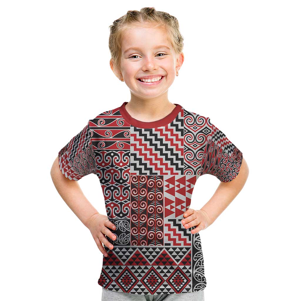 Aotearoa Kowhaiwhai Taniko Patchwork Motifs Kid T Shirt LT9 Red - Polynesian Pride