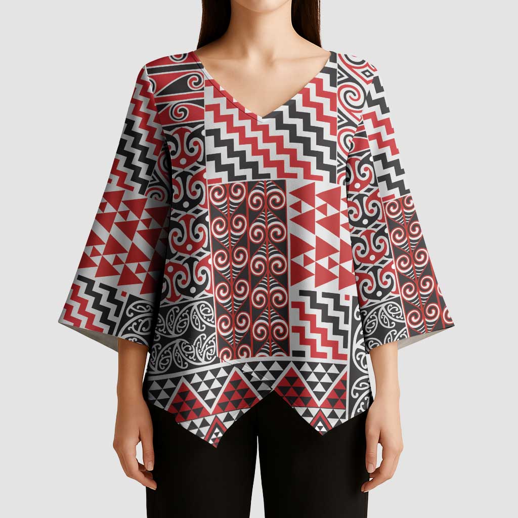 Aotearoa Kowhaiwhai Taniko Patchwork Motifs Kimono Sleeve Blouse - Polynesian Pride