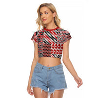 Aotearoa Kowhaiwhai Taniko Patchwork Motifs Raglan Cropped T Shirt LT9 Female Red - Polynesian Pride