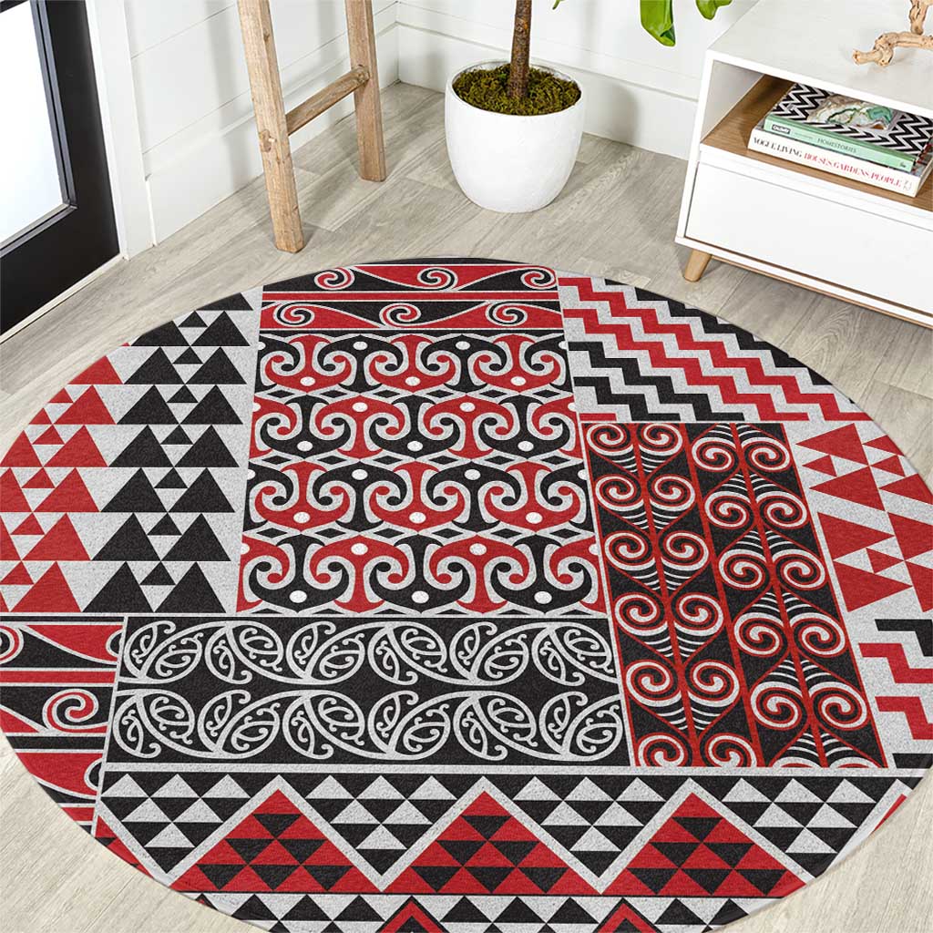 Aotearoa Kowhaiwhai Taniko Patchwork Motifs Round Carpet LT9 Red - Polynesian Pride