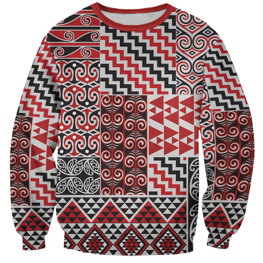 Aotearoa Kowhaiwhai Taniko Patchwork Motifs Sweatshirt LT9 Unisex Red - Polynesian Pride