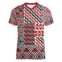 Aotearoa Kowhaiwhai Taniko Patchwork Motifs Women V-Neck T-Shirt LT9 Female Red - Polynesian Pride