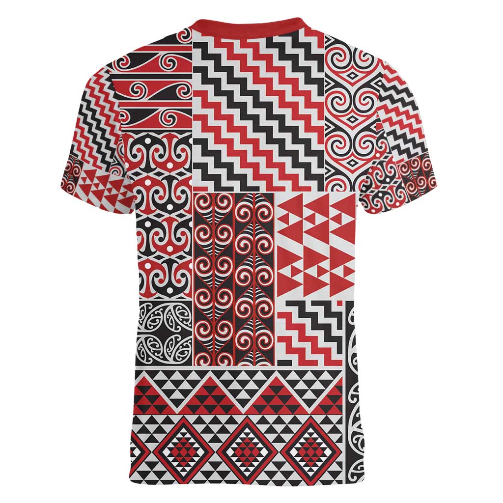 Aotearoa Kowhaiwhai Taniko Patchwork Motifs Women V-Neck T-Shirt LT9 - Polynesian Pride