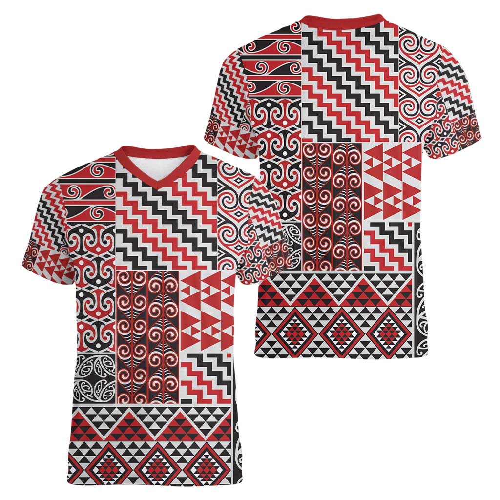Aotearoa Kowhaiwhai Taniko Patchwork Motifs Women V-Neck T-Shirt LT9 - Polynesian Pride