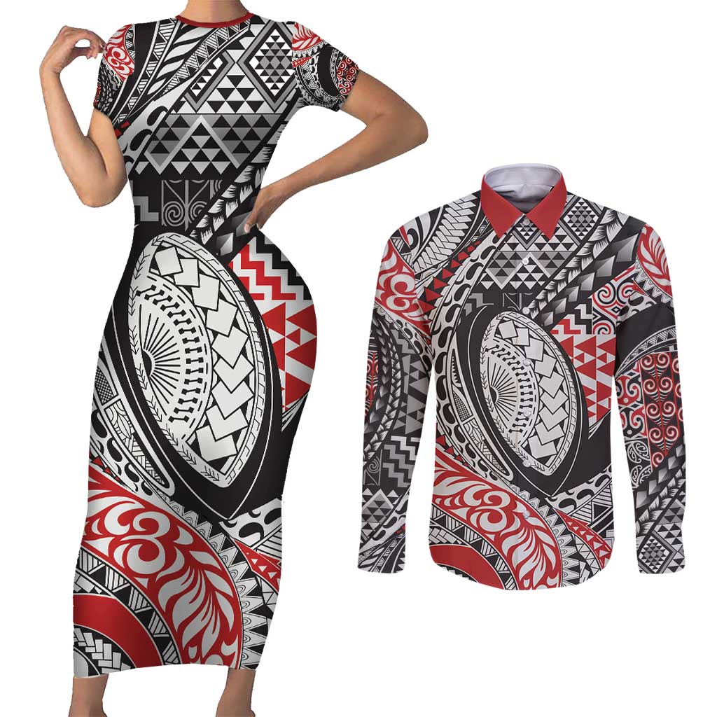Aotearoa Maori Rugby Tribal Tattoo Couples Matching Short Sleeve Bodycon Dress and Long Sleeve Button Shirt Kowhaiwhai Taniko Patchwork Motifs LT9 Red - Polynesian Pride