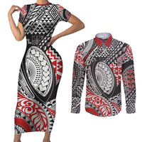 Aotearoa Maori Rugby Tribal Tattoo Couples Matching Short Sleeve Bodycon Dress and Long Sleeve Button Shirt Kowhaiwhai Taniko Patchwork Motifs LT9 Red - Polynesian Pride