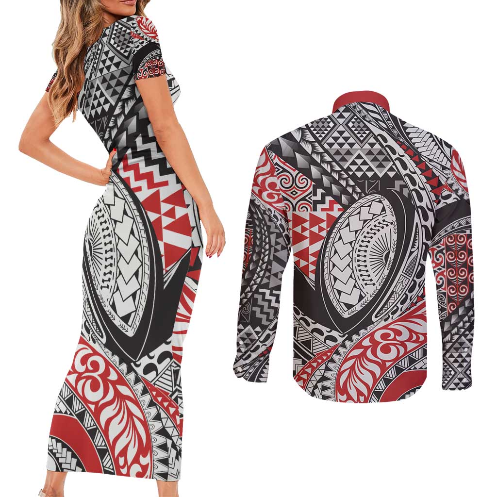 Aotearoa Maori Rugby Tribal Tattoo Couples Matching Short Sleeve Bodycon Dress and Long Sleeve Button Shirt Kowhaiwhai Taniko Patchwork Motifs LT9 - Polynesian Pride