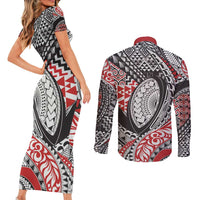 Aotearoa Maori Rugby Tribal Tattoo Couples Matching Short Sleeve Bodycon Dress and Long Sleeve Button Shirt Kowhaiwhai Taniko Patchwork Motifs LT9 - Polynesian Pride