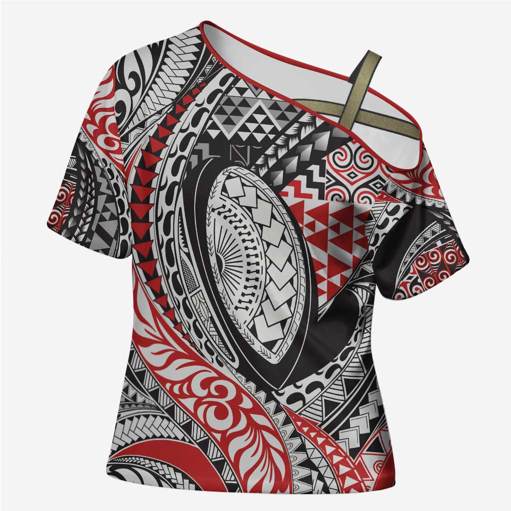 Aotearoa Maori Rugby Tribal Tattoo Cross Shoulder Shirt Kowhaiwhai Taniko Patchwork Motifs - Polynesian Pride