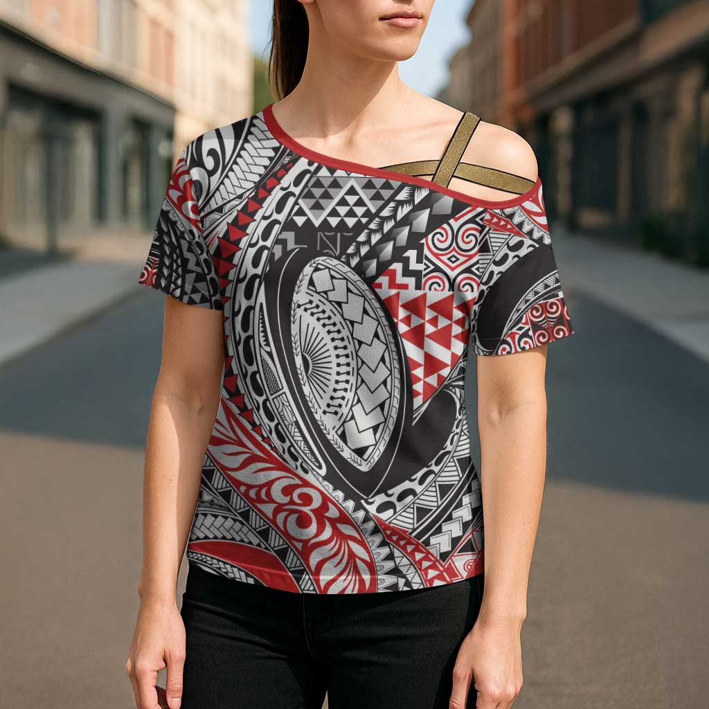 Aotearoa Maori Rugby Tribal Tattoo Cross Shoulder Shirt Kowhaiwhai Taniko Patchwork Motifs - Polynesian Pride