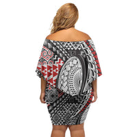 Aotearoa Maori Rugby Tribal Tattoo Family Matching Off Shoulder Short Dress and Hawaiian Shirt Kowhaiwhai Taniko Patchwork Motifs