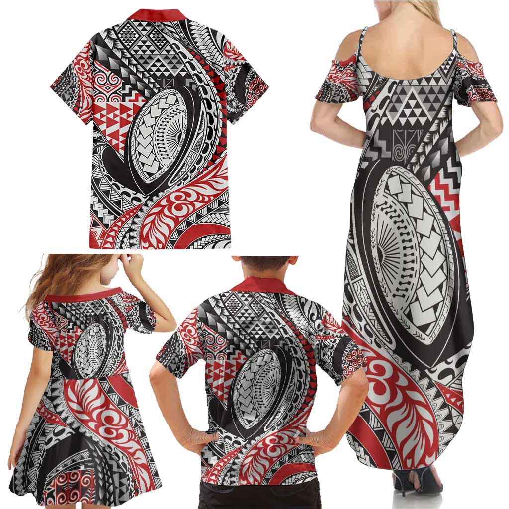 Aotearoa Maori Rugby Tribal Tattoo Family Matching Summer Maxi Dress and Hawaiian Shirt Kowhaiwhai Taniko Patchwork Motifs