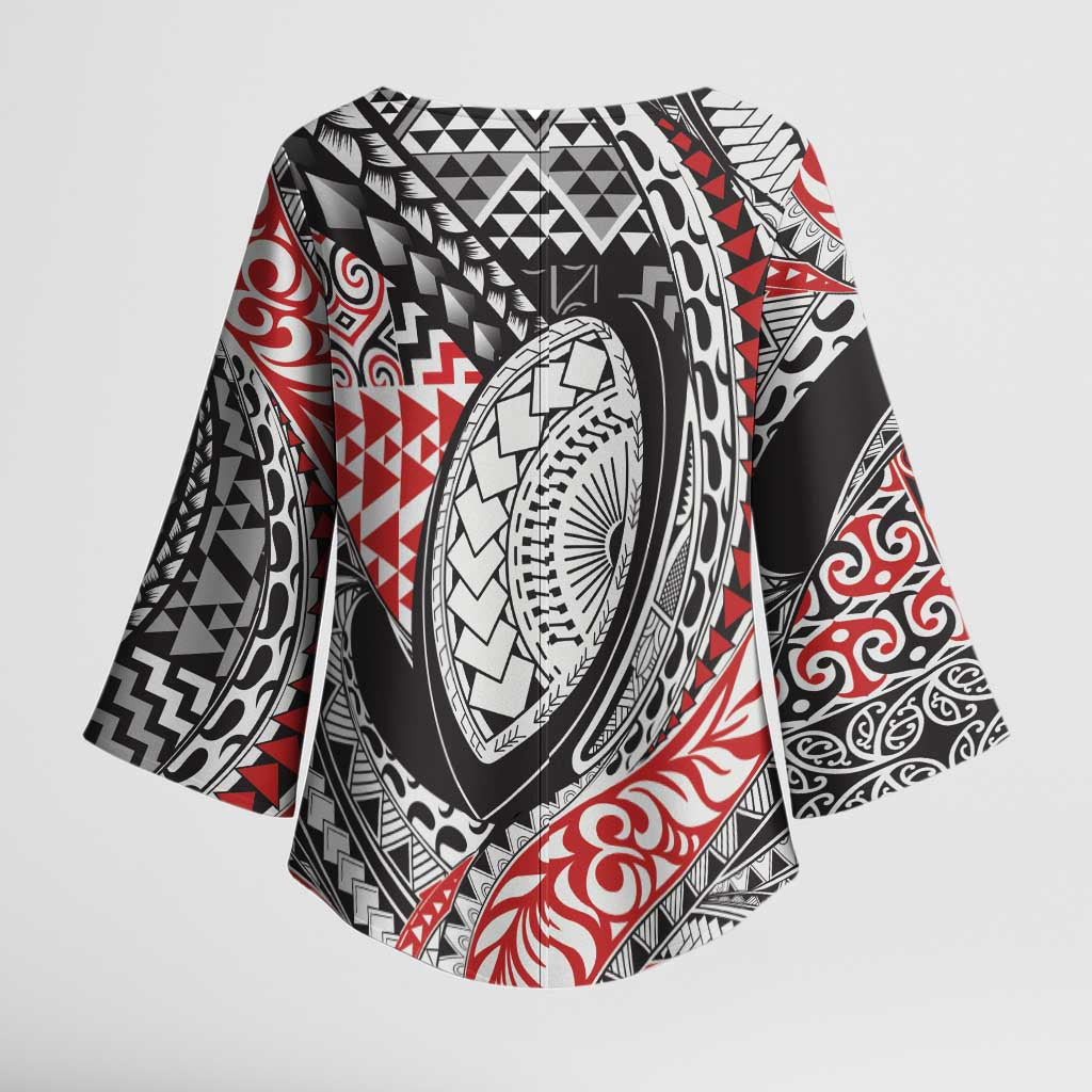 Aotearoa Maori Rugby Tribal Tattoo Kimono Sleeve Blouse Kowhaiwhai Taniko Patchwork Motifs - Polynesian Pride