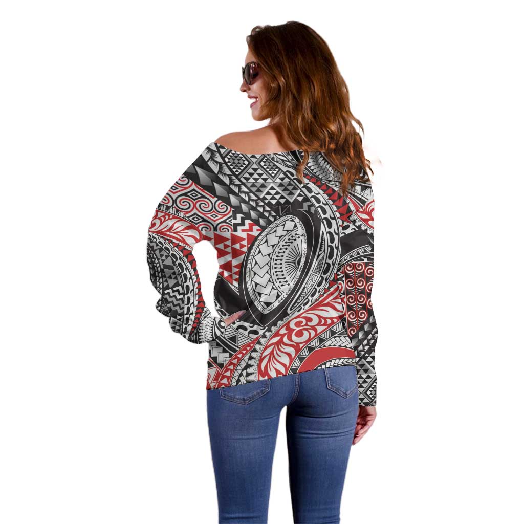 Aotearoa Maori Rugby Tribal Tattoo Off Shoulder Sweater Kowhaiwhai Taniko Patchwork Motifs