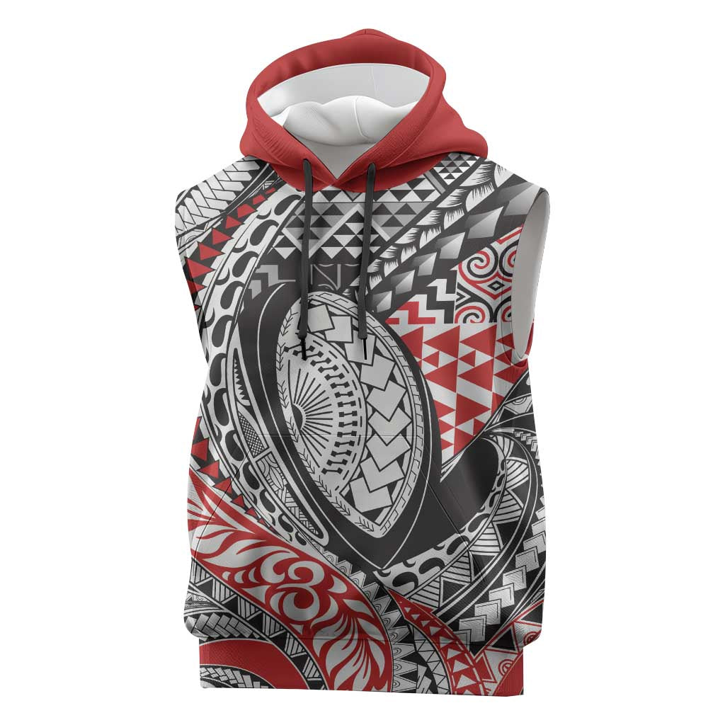 Aotearoa Maori Rugby Tribal Tattoo Sleeveless Hoodie Kowhaiwhai Taniko Patchwork Motifs - Polynesian Pride