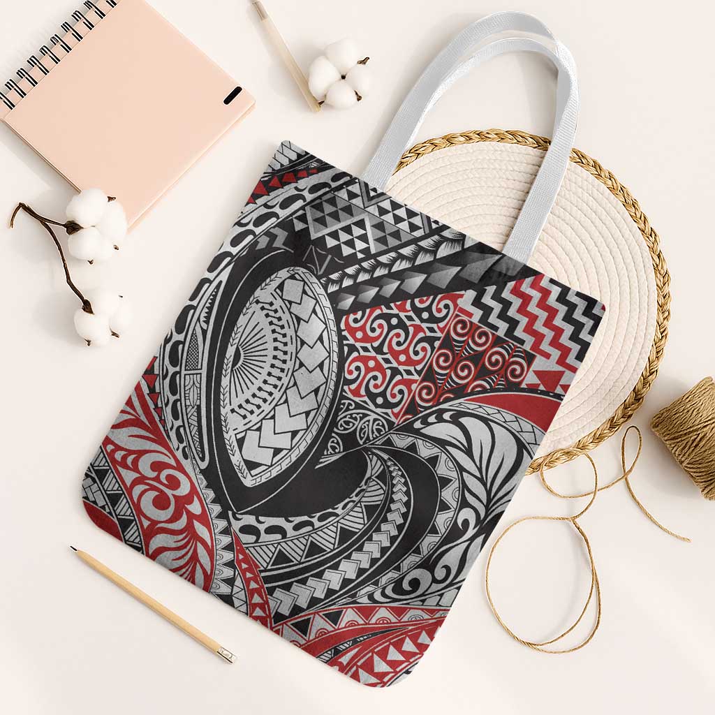 Aotearoa Maori Rugby Tribal Tattoo Tote Bag Kowhaiwhai Taniko Patchwork Motifs LT9 White Strap One Size Red - Polynesian Pride
