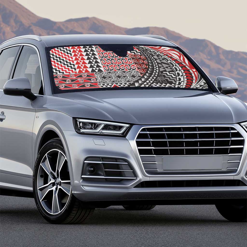 Aotearoa Maori Tribal Tattoo Auto Sun Shade Kowhaiwhai Taniko Patchwork Motifs - Polynesian Pride