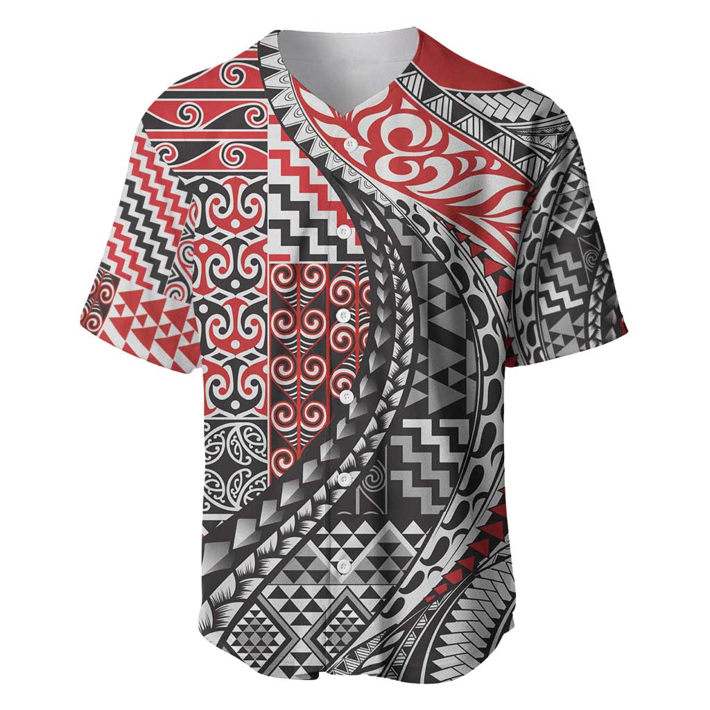 Aotearoa Maori Tribal Tattoo Baseball Jersey Kowhaiwhai Taniko Patchwork Motifs LT9 Red - Polynesian Pride