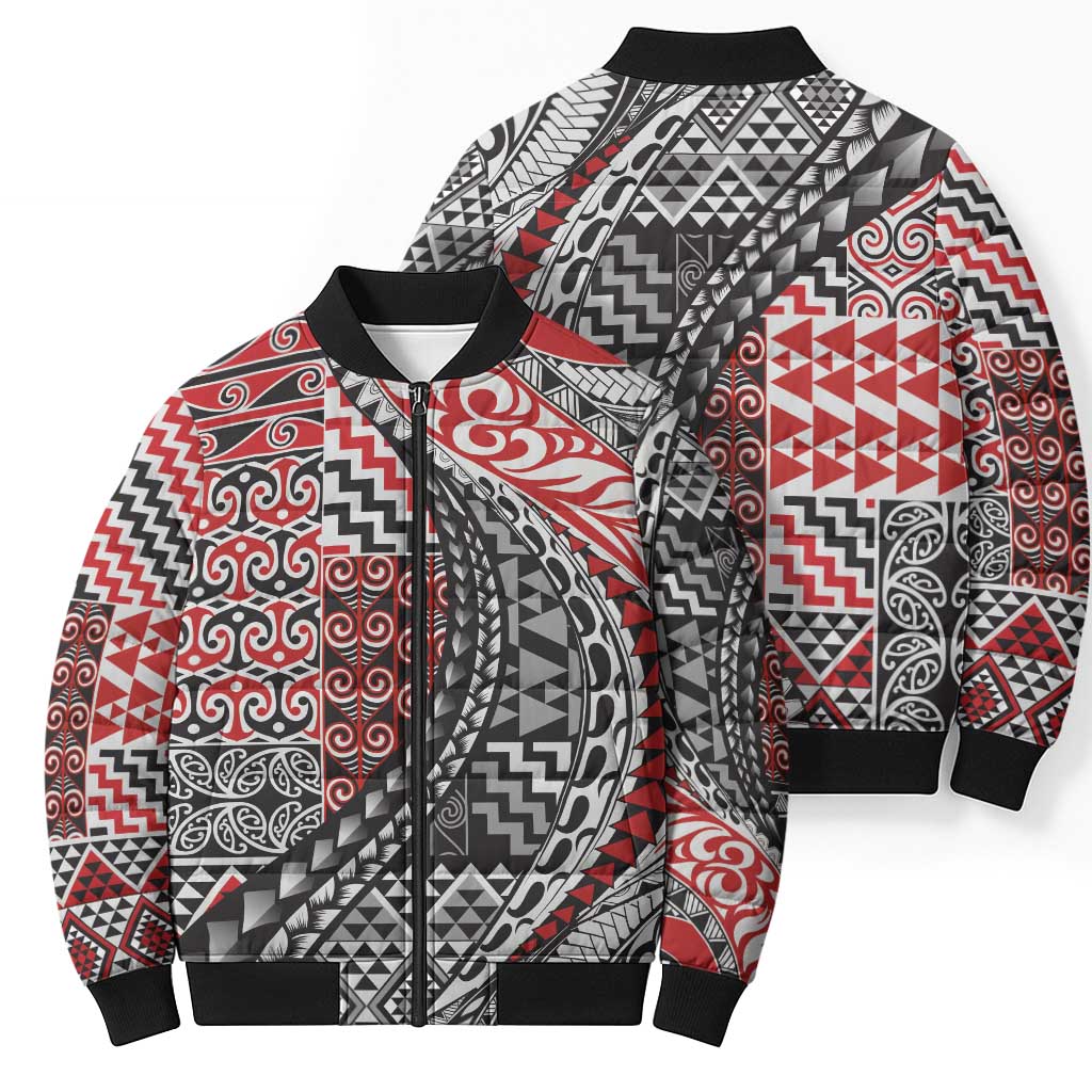 Aotearoa Maori Tribal Tattoo Bomber Puffer Jacket Kowhaiwhai Taniko Patchwork Motifs - Polynesian Pride